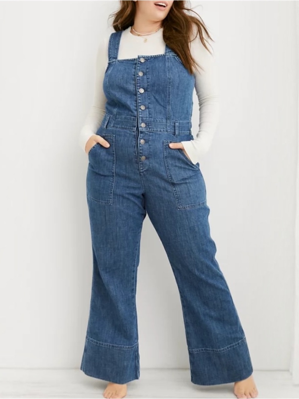 Aerie Wide Leg Denim Jumpsuit Size S Pockets Button Front Utility Overalls Jean